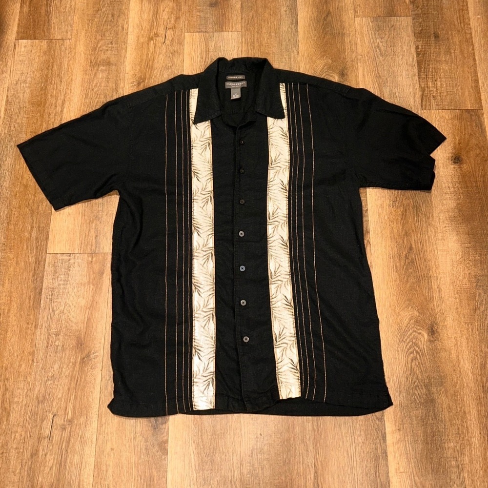 Saddlebred Tall Man Shirt XLT Black Linen Blend Tropical Panel Camp Short Sleeve